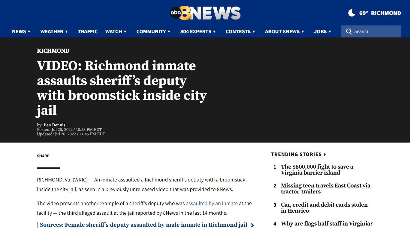 VIDEO: Richmond inmate assaults sheriff’s deputy with broomstick inside ...
